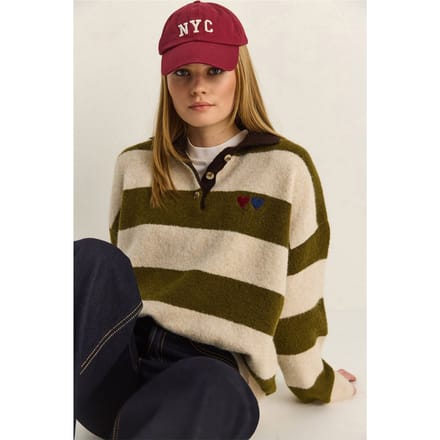 Oversized Gestreept Polo Kragen Sweater met Borduring
