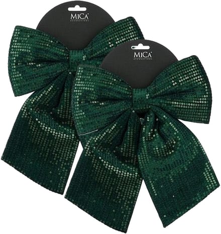 Mica Decorations Kerst strik ornament - 2x - groen - 24 x 28 cm - polyester pailletten- kerststrik