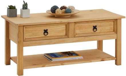 Mexicaanse salontafel TEQUILA van massief hout met 2 lades - naturel