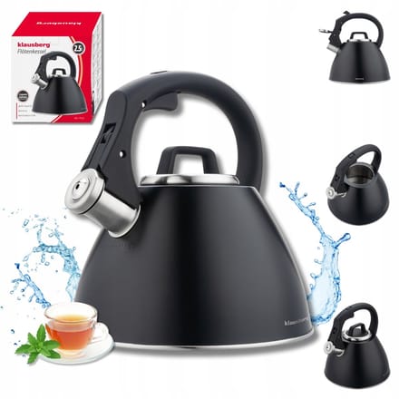 KLAUSBERG KB-7952 Fluitketel 2,5 L – Zwart Mat – Soft-Touch Handgreep – Inductie – RVS – Met Fluit