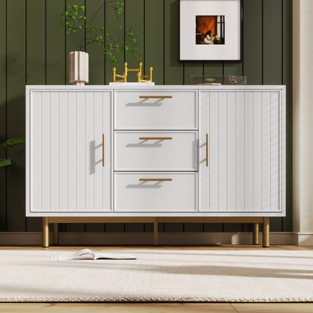 Kommode - 120x40x75 cm - 2 deuren & 3 laden - geribbelde fronten & gouden handgrepen - metalen sokkel