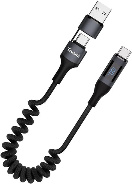 Trusmi | 100W Gevlochten | Spring Cable | 2-in-1 Oplaadkabel }| USB-C naar USB-C | USB-A naar USB-C | Zwart