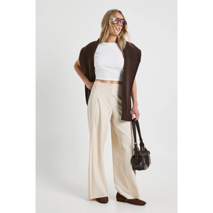 boohoo Dames Petite geweven geplooide wijde broek | Stone | Maat: 14