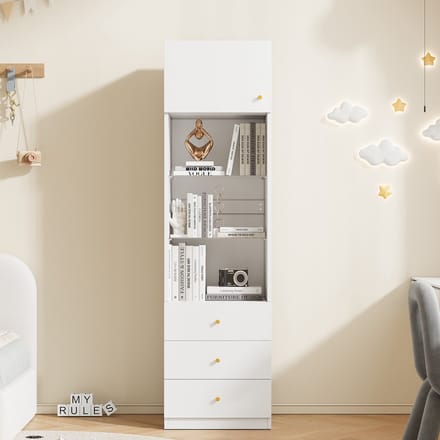 MODFU Vitrinekast - Verstelbare Glasplanken En 3 Laden - Modern - MDF En Glas - Wit - 50 X 40 X 180 Cm