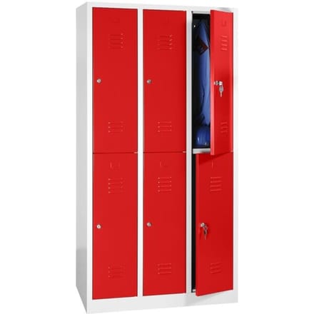 Kledinglocker, twee rijen, 2 x 3 compartimenten, cilinderslot, lichtgrijs RAL 7035/vuurrood RAL 3000