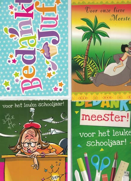 Wenskaart - juf - meester - einde schooljaar - bedankt juf - bedankt meester - set van 4
