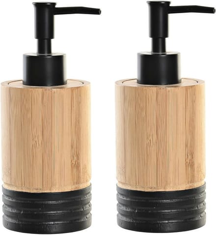 Items Zeeppompje/dispenser - 2x - bruin/zwart - bamboe hout - 7 x 17 cm - keuken/badkamer/toilet - lotionpomp