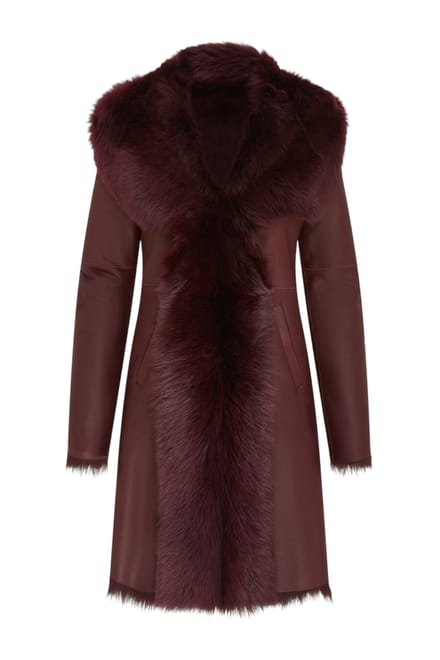 Dames Bordeauxrode Toscaanse trenchcoat met capuchon van echt schapenleer - Verona