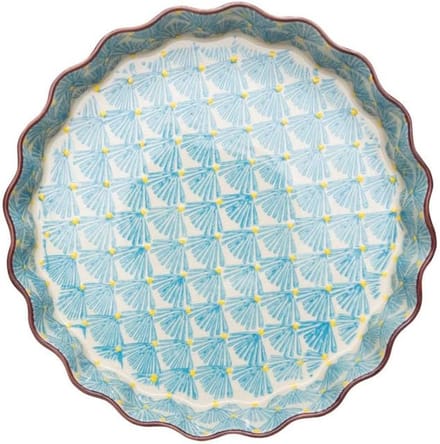 Quichevorm van steengoed met handgestempelde print blauw ART DECO, Ø 22 x 4 cm
