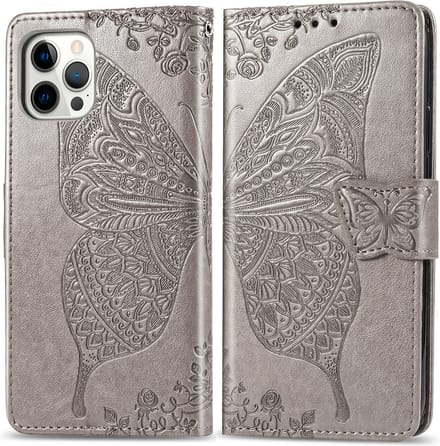 Bookcase geschikt voor Apple iPhone 12 / 12 Pro - Grijs - Vlinder - Portemonnee Hoesje