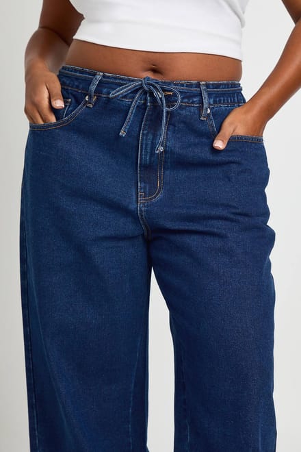 boohoo Dames Plus Elastische Achterkant Strikband Trekkoord Rechte Pijp Jeans | Indigo | Maat: 44