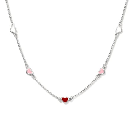 YO&NO Ketting Hartjes - Dames - Emaille - 41+3cm - Rood - Roze - Wit - Sieraden Vrouw - Zilver 925