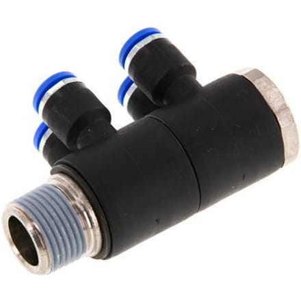 6mm x R3/8'' 4-way Manifold Messing/PA 66 Insteekfitting Buitendraad Draaibaar NBR