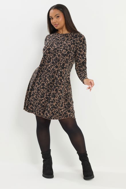 Yours Bruine Geribbelde Tuniek Met Luipaardprint Size 50-52