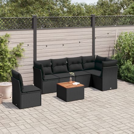 vidaXL - 7-delige - Loungeset - met - kussens - poly - rattan - zwart