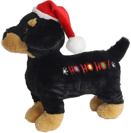 De Boon Pluche kerst hondenspeeltje zwart bruin met piep in 30 cm formaat