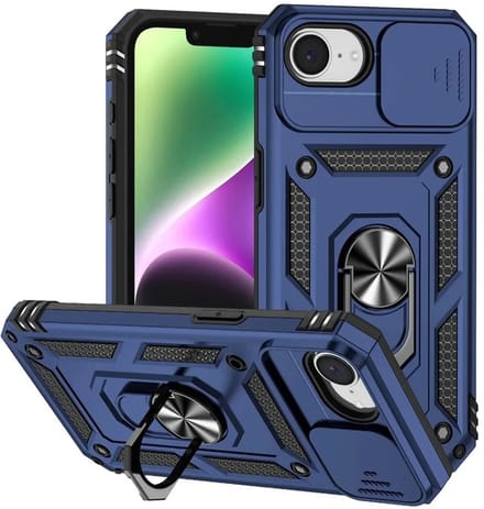 MobyDefend Hoesje - Geschikt voor iPhone 16e / iPhone 17e - Pantsercase Met Draaibare Ring - Blauw