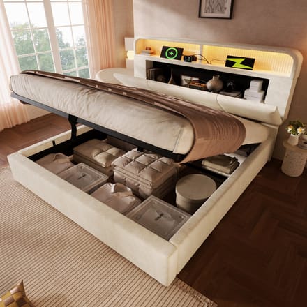 MODFU Gestoffeerd Tweepersoonsbed – 160x200 cm – Verstelbaar Opberghoofdbord – LED & USB – Fluweel – Beige