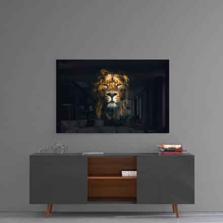 Glasschilderij - Leeuw - Wanddecoratie - 72 x 46 cm