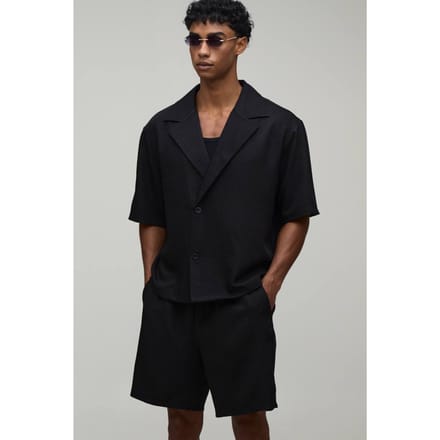 Wrap Linnen-look Shirt & Short Set | Black | Size Medium