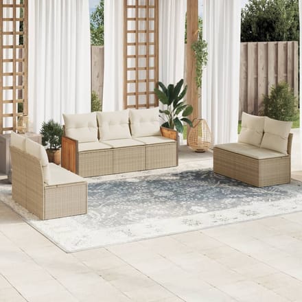 vidaXL - 7-delige - Loungeset - met - kussens - poly - rattan - beige