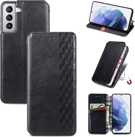 Luxe PU Lederen Ruitpatroon Wallet Case + PMMA Screenprotector voor Galaxy S22 Plus _ Zwart