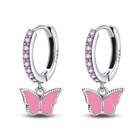 Oorbellen meisje vlinder - zilver kleurig - glitter - roze - glinster
