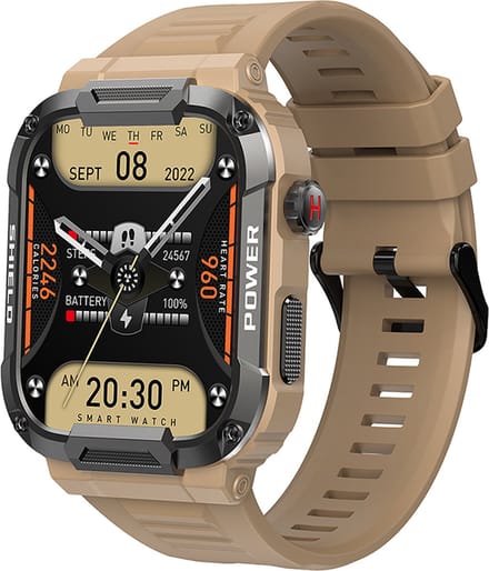 Kiraal Wave - Mannelijke Elegantie - Robuust Smartwatch Ontwerp - Android & iOS - Stijlvol Design - Zandkleurig