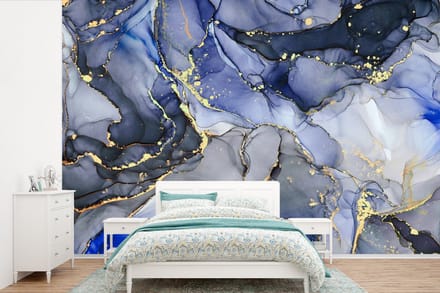 Behang - Fotobehang Marmer - Goud - Abstract - Blauw - Breedte 420 cm x hoogte 280 cm