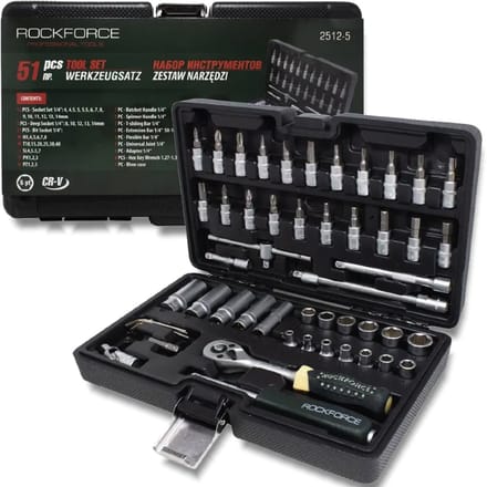 Rockforce - Set gereedschap - 51 elementen - Cr-V staal - 1/4" koppeling
