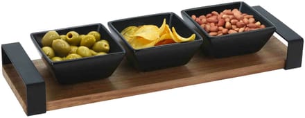 Excellent Houseware Serveerplank met 3 hapjes/saus/tapas schaaltjes - hout - 32 x 10 cm