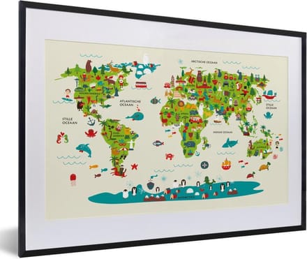Wereldkaart Kinderen - Groen - Dieren - Schoolplaat - Kinderkamer - 60x40 cm
