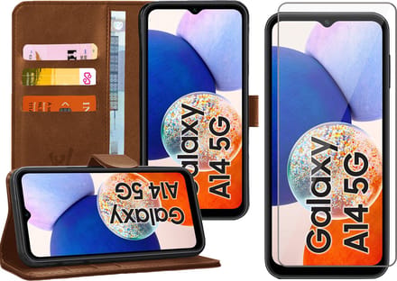 Hoesje geschikt voor Samsung Galaxy A14 - Screen Protector GlassGuard - Book Case Kunstleer Pasjeshouder Bruin & Screenprotector