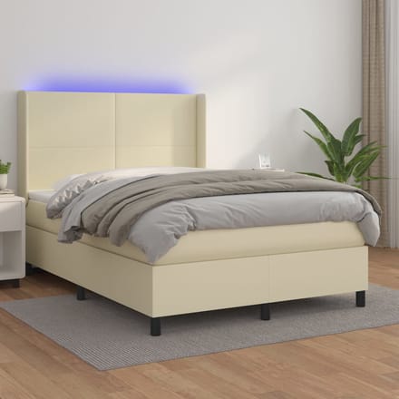 vidaXL - Boxspring - met - matras - en - LED - kunstleer - crèmekleurig - 140x190 - cm
