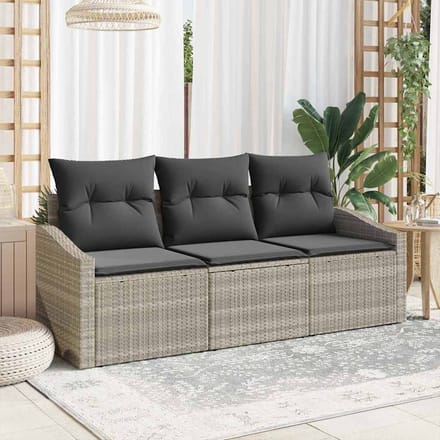 vidaXL Tuinbank Set met kussen met opslag 3 pcs Lichtgrijs poly rattan