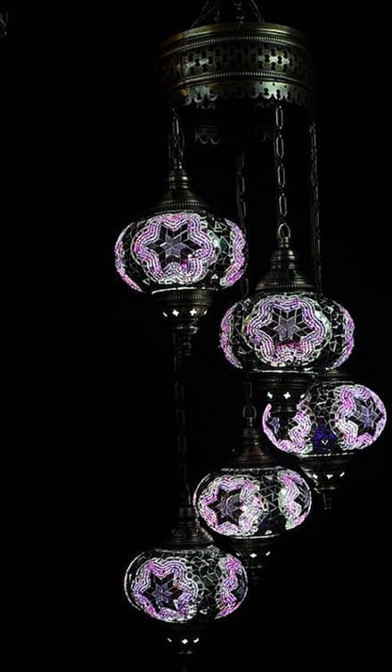 Turkse lamp - Hanglamp - Mozaïek - 5 bollen - Paars en handgemaakt met E-14 fitting
