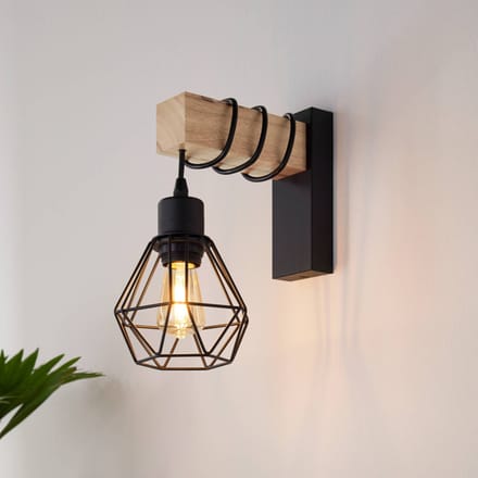 EGLO Townshend wandlamp, breedte 14 cm, zwart/eiken