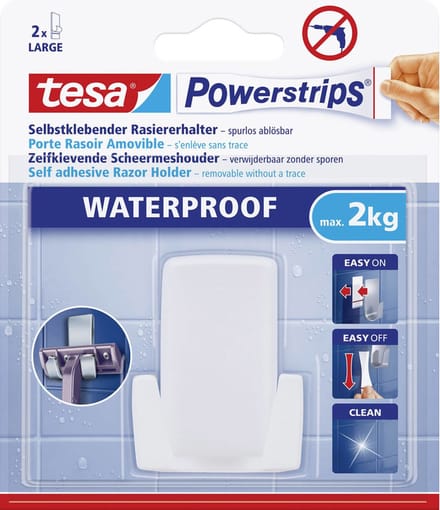 Tesa scheermeshouder - 2x - wit - kunststof - 2 kg - waterproof - Badkamer benodigdheden/accessoires - Opplak houder scheermes