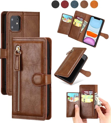 Bookcase Geschikt voor: iPhone 12 Pro Max met ritssluiting - Flipcover - Magnetisch - 5 kaarten houder - Donkerbruin