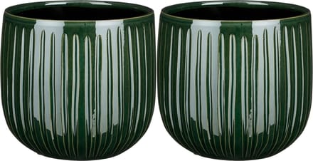 Mica Decorations - plantenpot/bloempot - 2x - donkergroen ribbels - D25/H20 cm