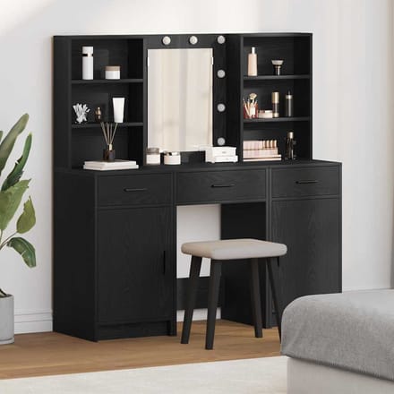 vidaXL - Dressing - tafel - set - met - LED - 3 - st - Zwart - Eiken - 50 - x - 41 - x - 135 - cm