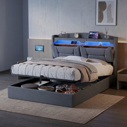 Tweepersoonsbed 140x200 – Opklapbed met Opbergruimte, LED & USB – Modern Gestoffeerd Bed