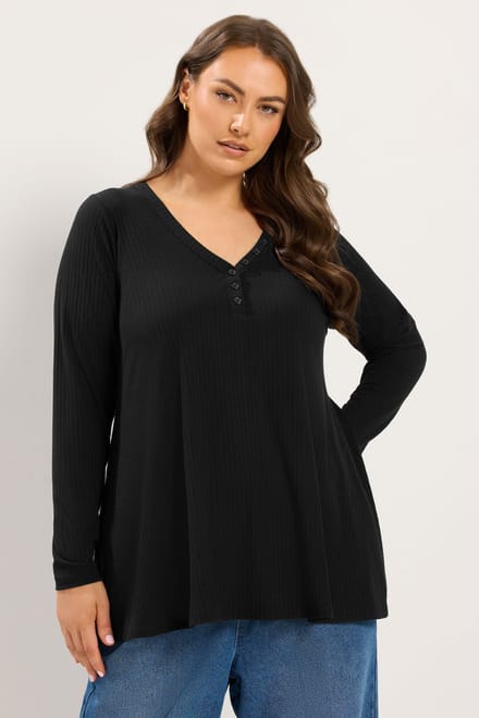 Yours Zwarte Geribbelde Henley Swing Top Size 42