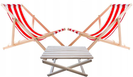 Set van 2 strandstoelen met houten tafel - rode en wit strepen