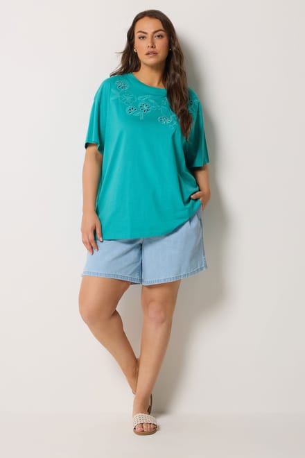 Yours Turquoise Blauw Tshirt Met Fruitborduursel Size 54-56