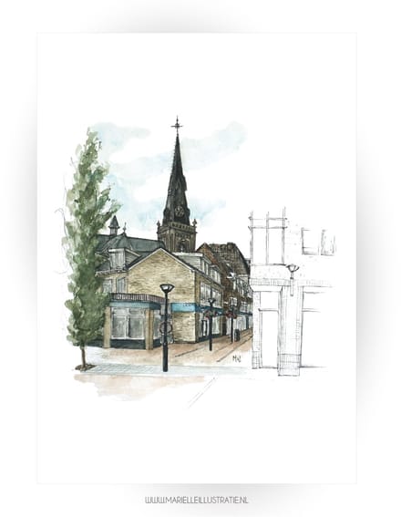 Boskoop centrum - wenskaart 10x15cm, illustratie van aquarel en fineliner