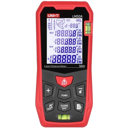 UNI-T LM50A Laser Afstandsmeter 50M met 2 Waterpassen LCD Achtergrondverlichting Display Pythagoras 50m range rood zwarte kleur