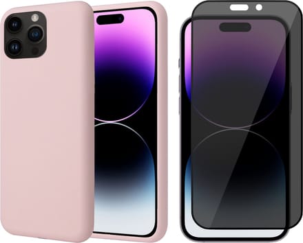 Hoesje geschikt voor iPhone 14 Pro Max - Privacy Screen Protector FullGuard - Back Cover Case SoftTouch Roze & Screenprotector