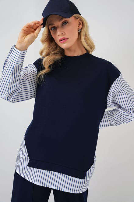 Gestreepte Lange Crew Neck Twee-Delige Coördineer Set