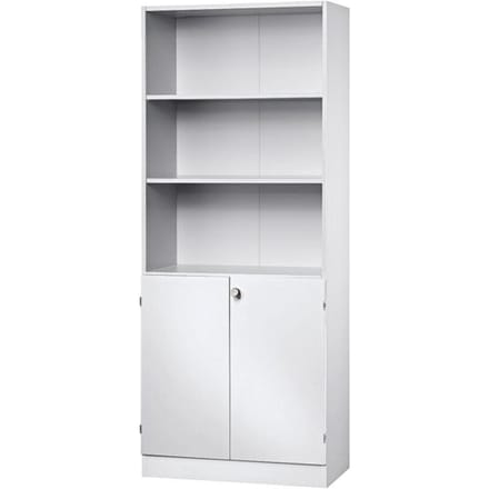 Combi-boekenkast, 5 OH, 3 open vakken + 2 afsluitbare deuren, B 800 x D 420 x 2004 mm, wit/wit